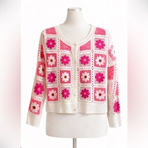 BiBi Crochet Granny Square Cardigan XL Pink Floral Boho Cottagecore